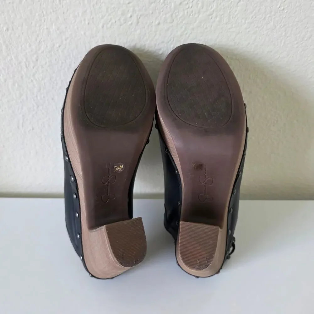 Jessica Simpson Black Leather Platform Heels Peep Toe Clog Sandals Women 7.5M